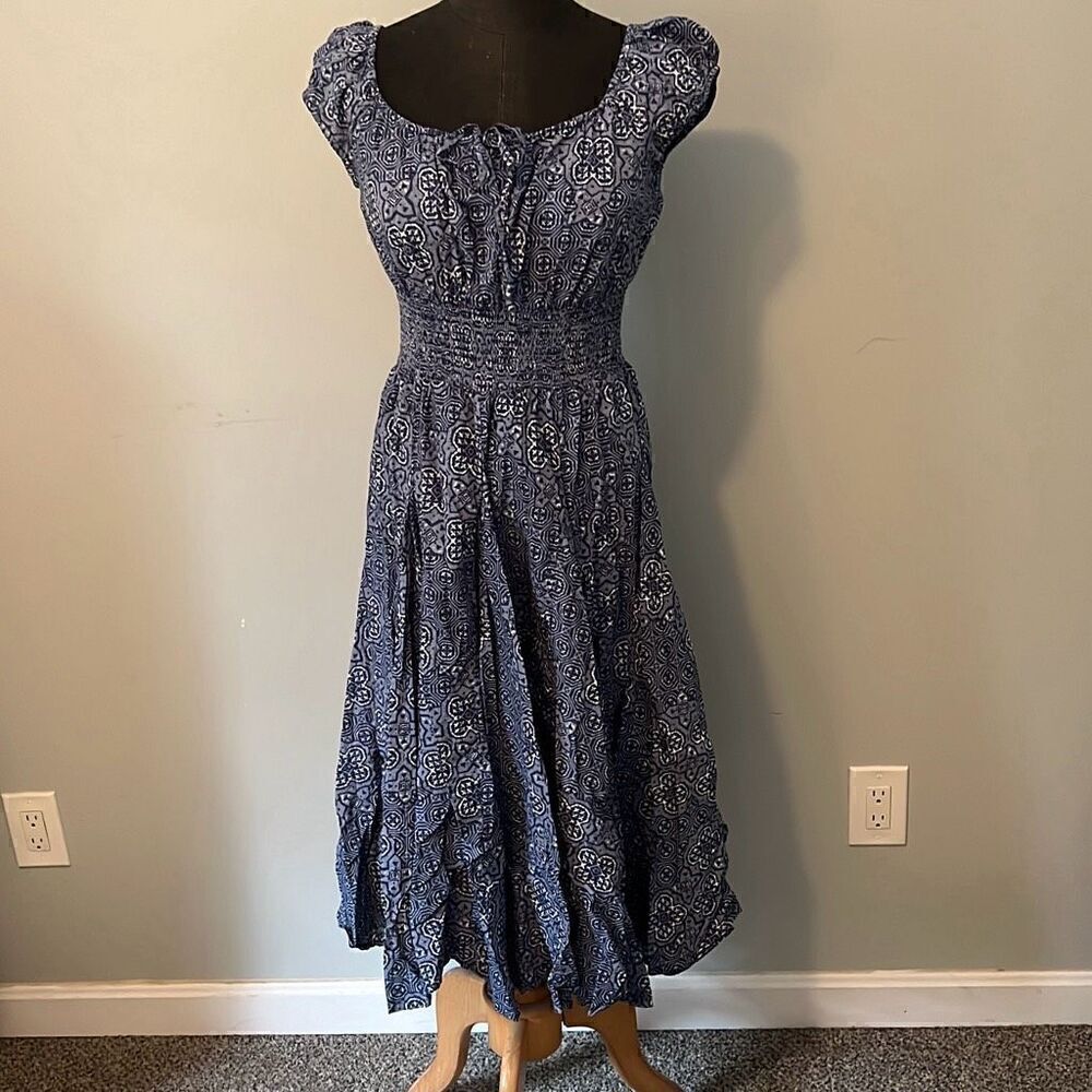 G Unit Fashions Women's Blue Patterned Smocked Waist Puff Short Sleeve Dress PS